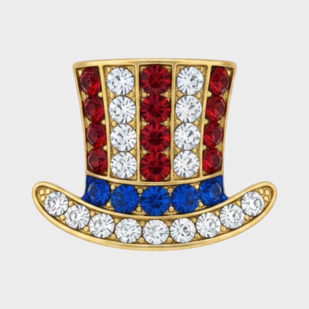 Vintage Rhinestone Brooch Pin Patriotic Top Hat Gold-tone 1" Uncle Sam